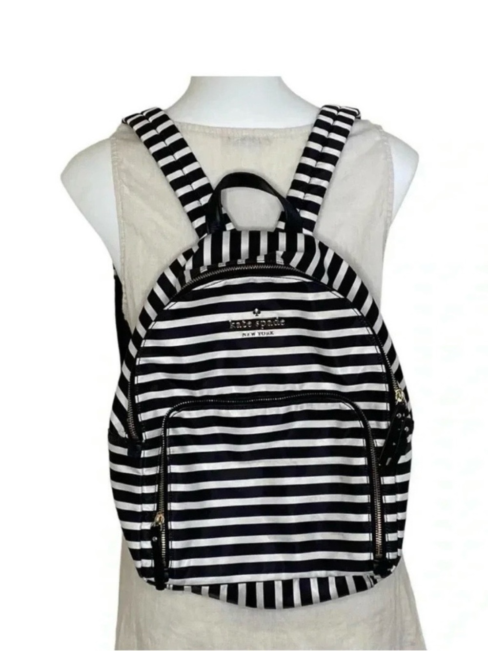 kate spade Black and White Striped Tote with Gold Accents
